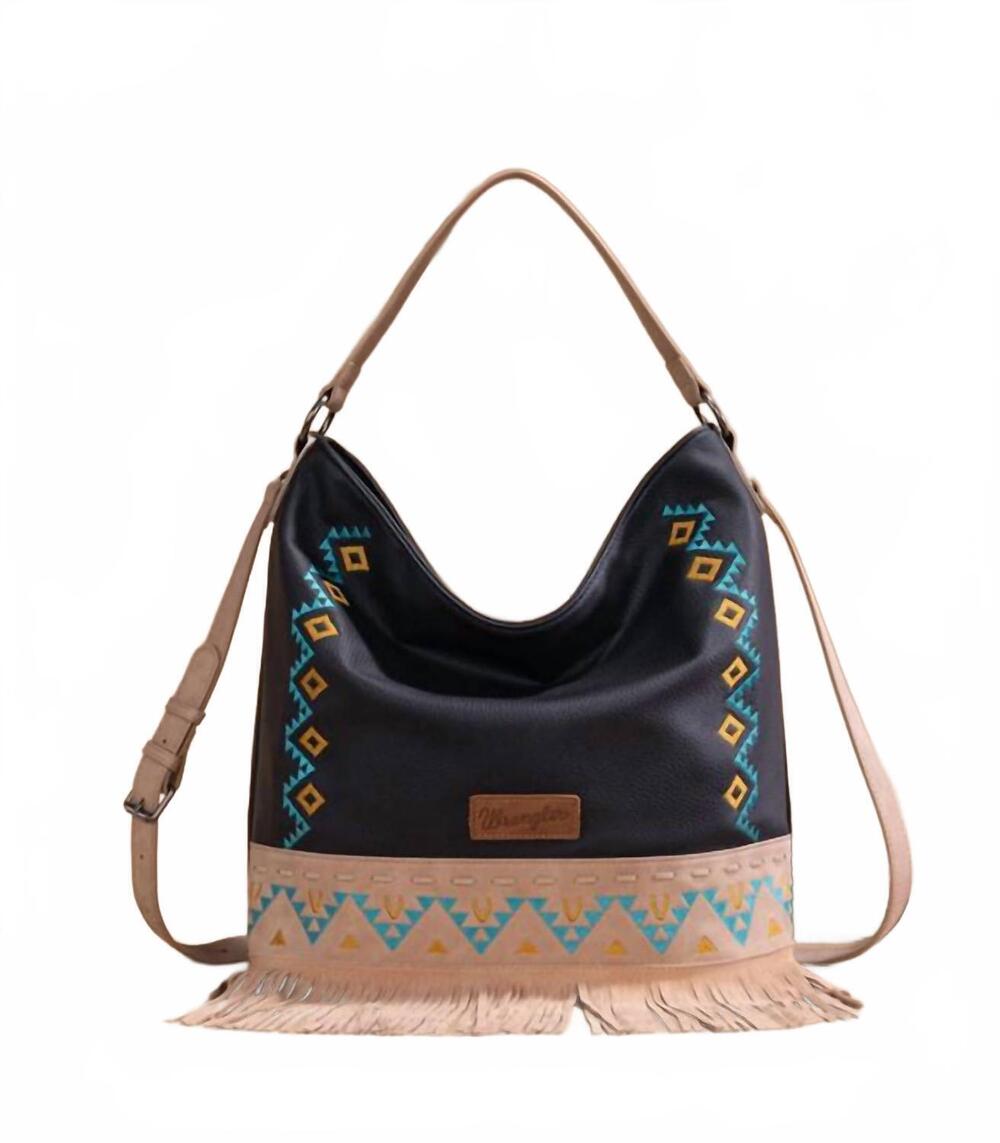 NEW WRANGLER women's aztec embroidered fringe hobo crossbody bag in black